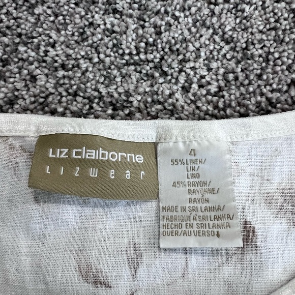 Liz Claiborne Ivory Brown Floral Linen Rayon Crop Top Botton Close Women’s US 4 - Picture 2 of 6